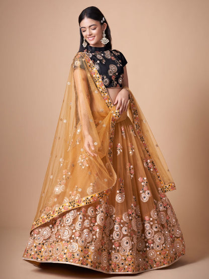 Sequence Net Bollywood A Line Lehenga in Gold