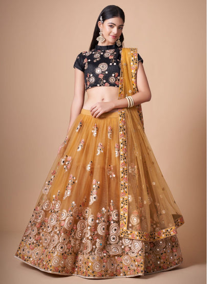 Sequence Net Bollywood A Line Lehenga in Gold