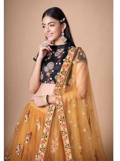 Sequence Net Bollywood A Line Lehenga in Gold