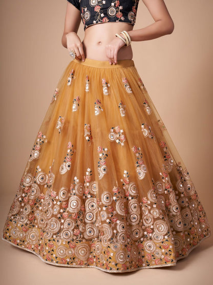 Sequence Net Bollywood A Line Lehenga in Gold