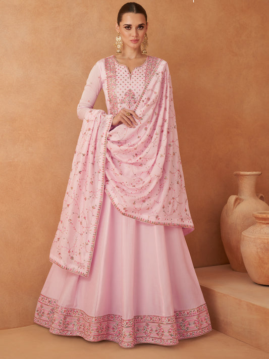 Embroidered Silk Free Size Stitched Flor lenght Salwar Kameez in Pink Color-81595