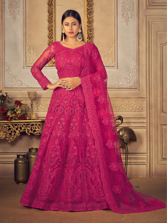 Embroidered Net With Banglori Silk Bridal Lehenga in Pink