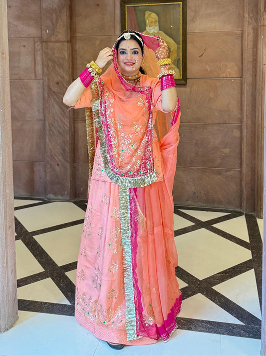 Upada Silk and Hamrahi Pure Wedding festivel kasab zari Work Rajputi Poshak In Peach Colour-60919