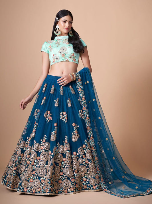 Sequence Net Bollywood A Line Lehenga in Blue