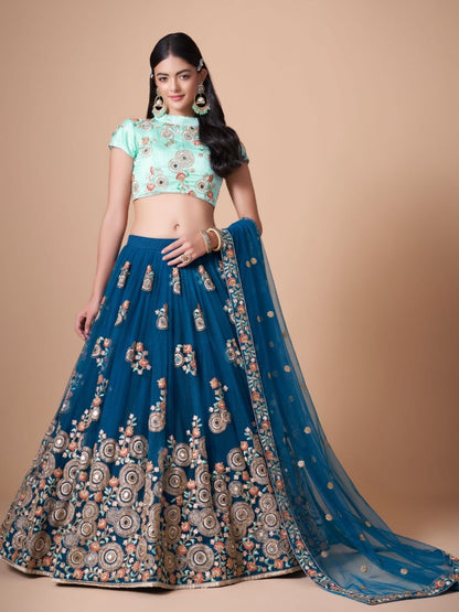 Sequence Net Bollywood A Line Lehenga in Blue