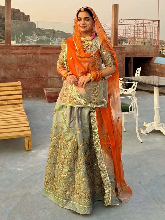 Silk Tissue Fabric PartyWear Sequence Codding Work Rajputi Poshak In Green and Orange Colour-81155