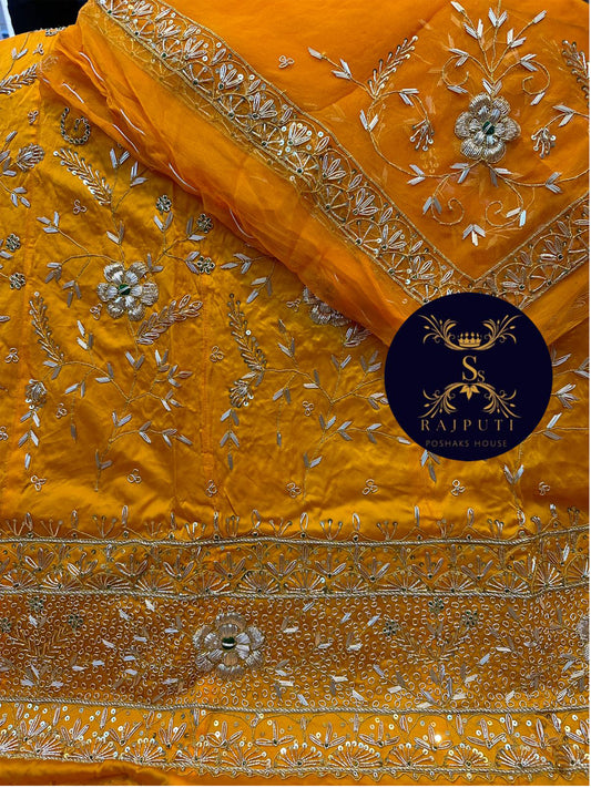 Bember Satin and Thakurgi Pure Bridal wedding Kundan dabka work Rajputi Poshak In Yellow Color-81941