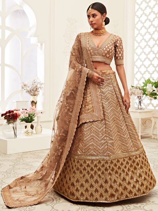 Silk Bridal Lehenga with Embroidered work in Brown color-82121