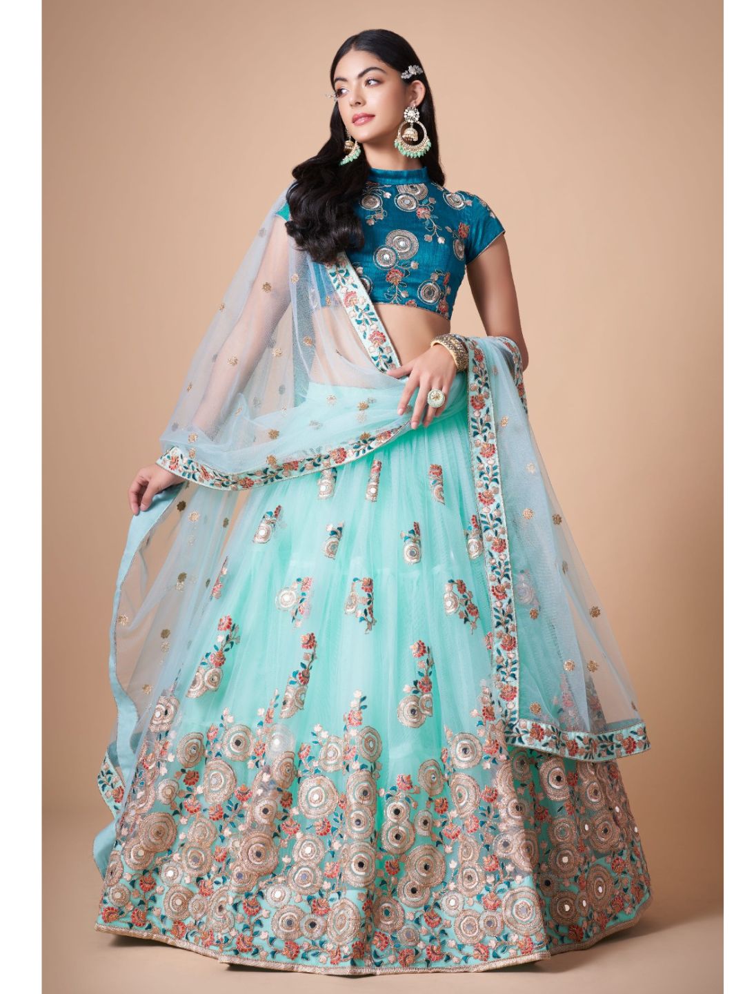 Sequence Net Bollywood A Line Lehenga in Light Blue