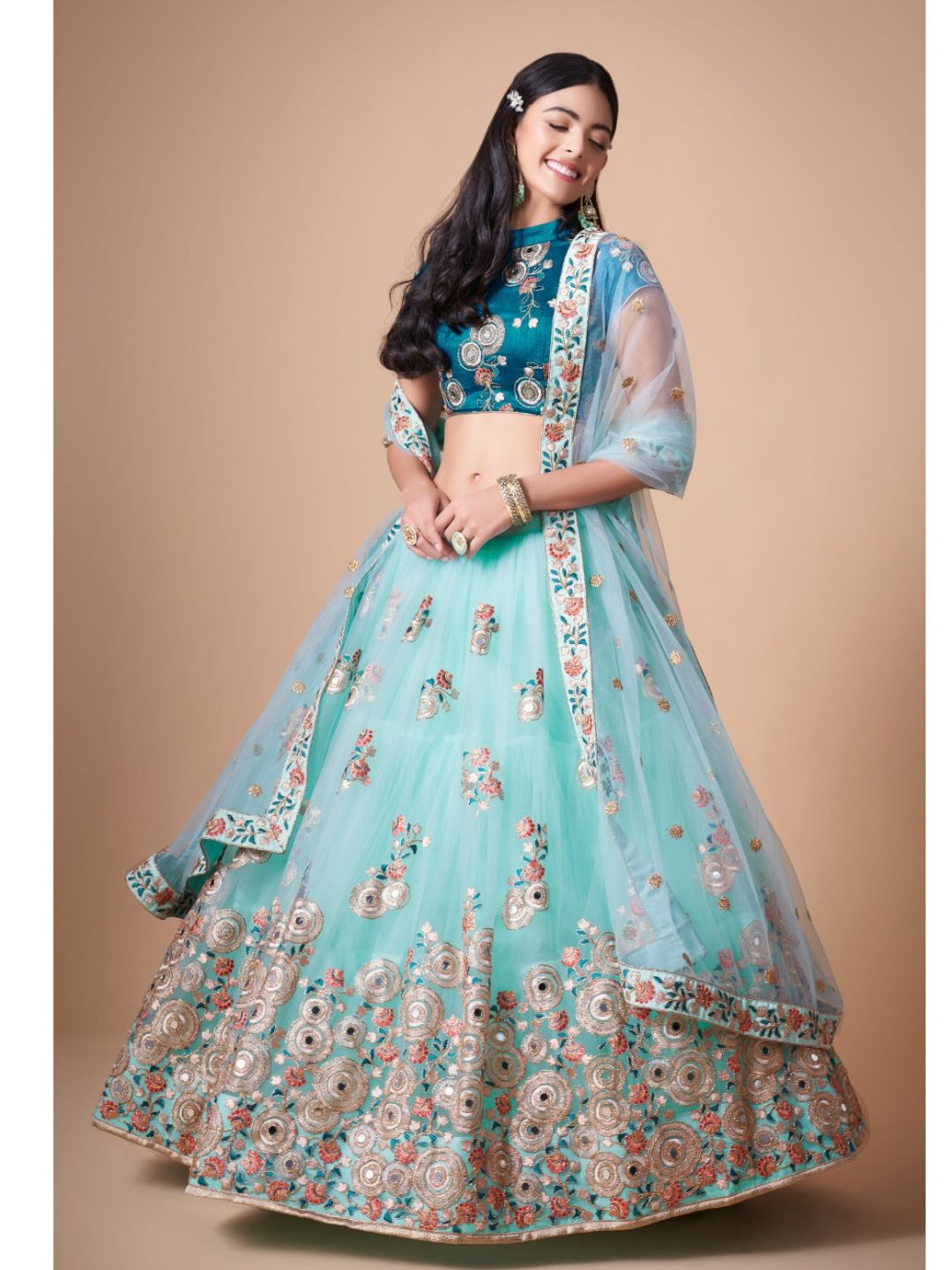 Sequence Net Bollywood A Line Lehenga in Light Blue