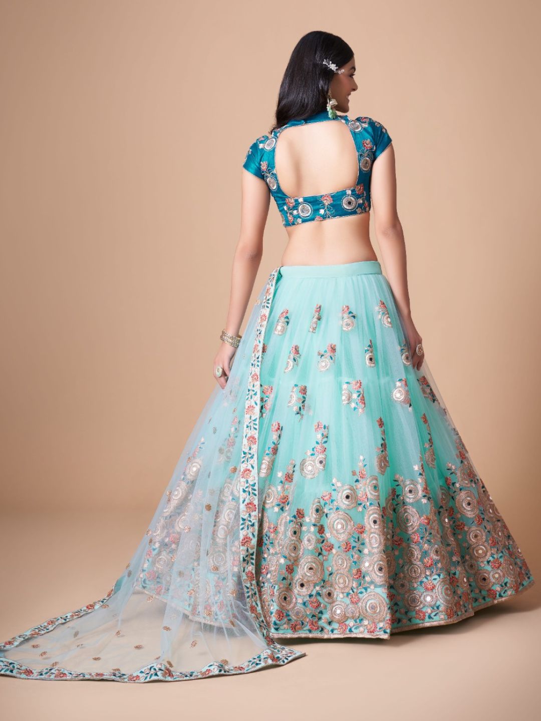 Sequence Net Bollywood A Line Lehenga in Light Blue