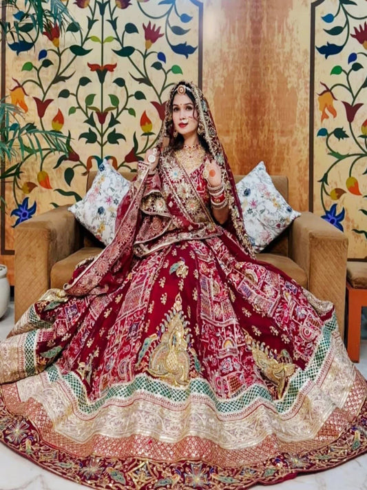 Georgette 7 Miter full Gher Premium quality Bridal Rajputi Poshak In Maroon color-91433