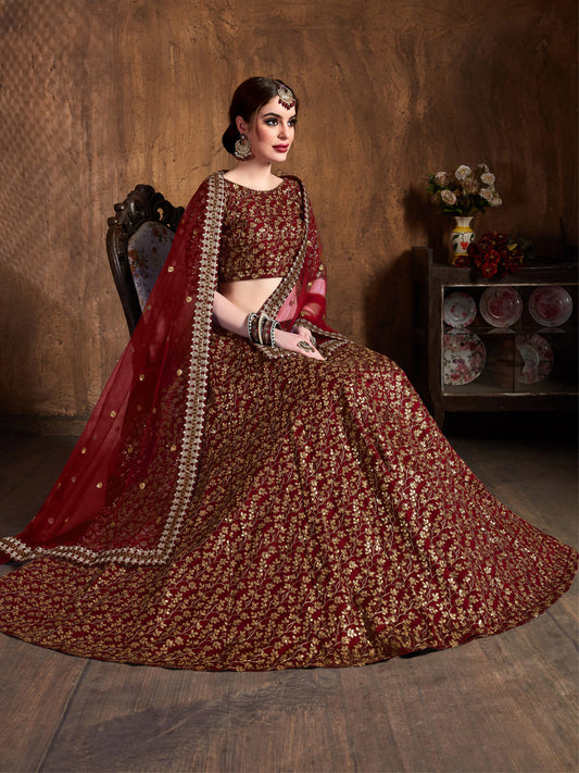 Raw Silk Engagement Sangeet Lehenga with Embroidered work in Maroon color-82102