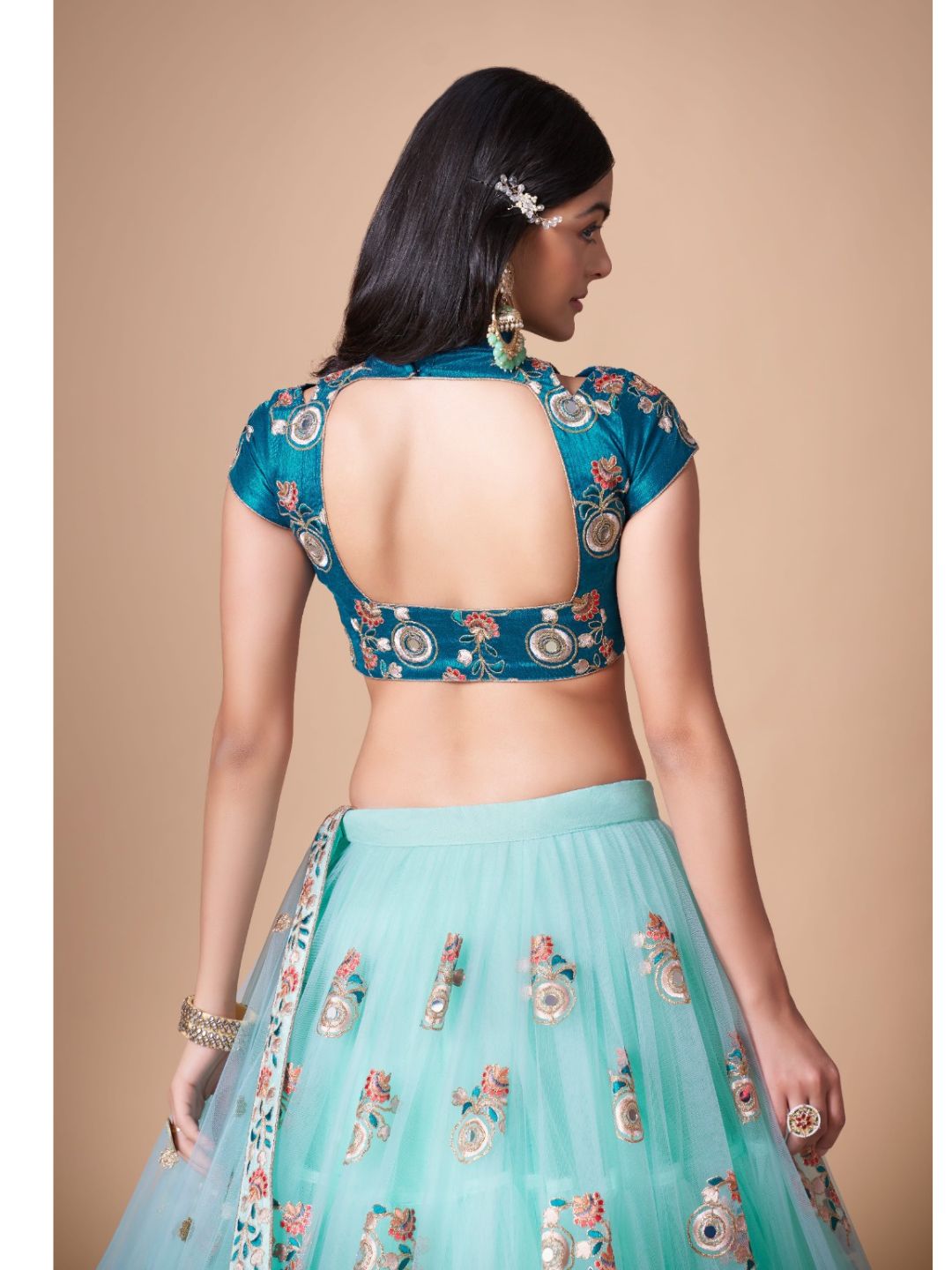 Sequence Net Bollywood A Line Lehenga in Light Blue