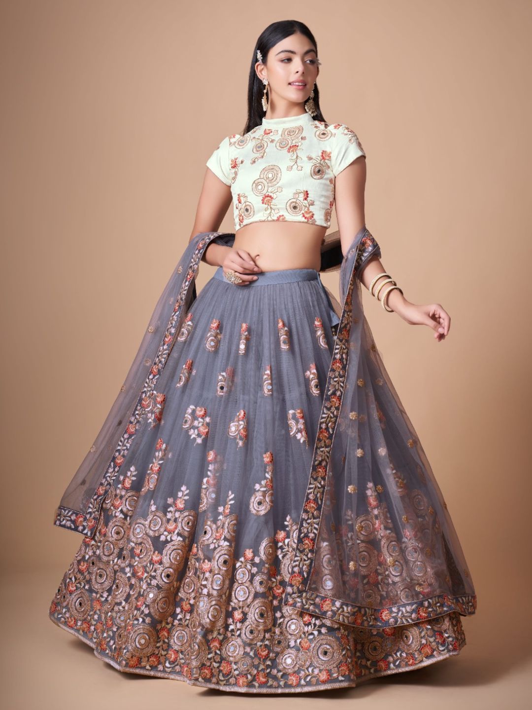 Sequence Net Bollywood A Line Lehenga in Grey