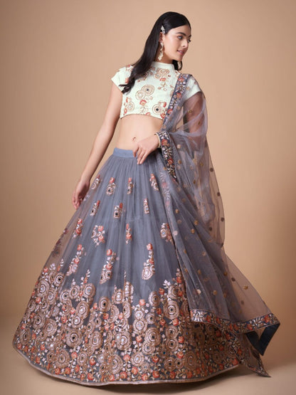 Sequence Net Bollywood A Line Lehenga in Grey