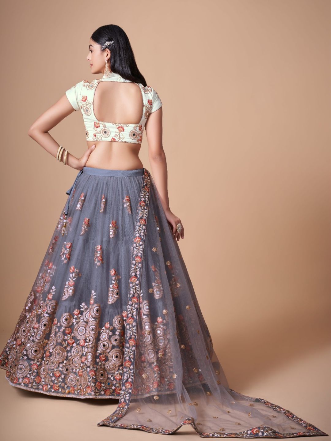 Sequence Net Bollywood A Line Lehenga in Grey