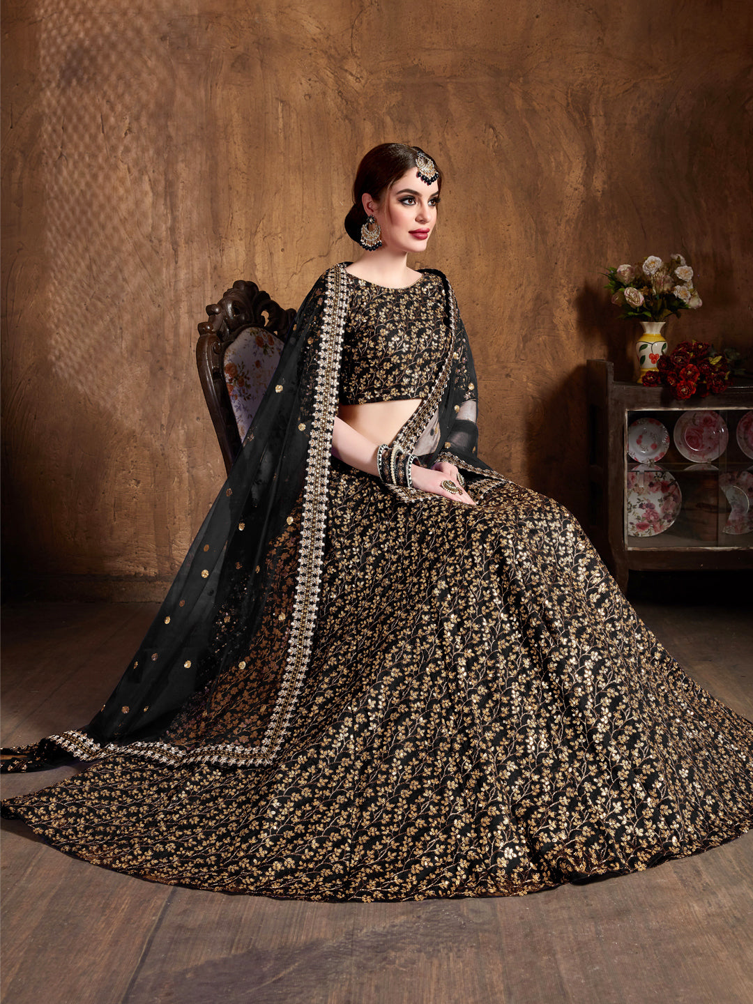 Raw Silk Engagement Sangeet Lehenga with Embroidered work in Black color-82101