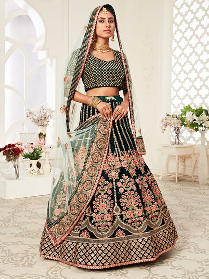 Velvet Bridal Lehenga with Embroidered work in Green color-82120