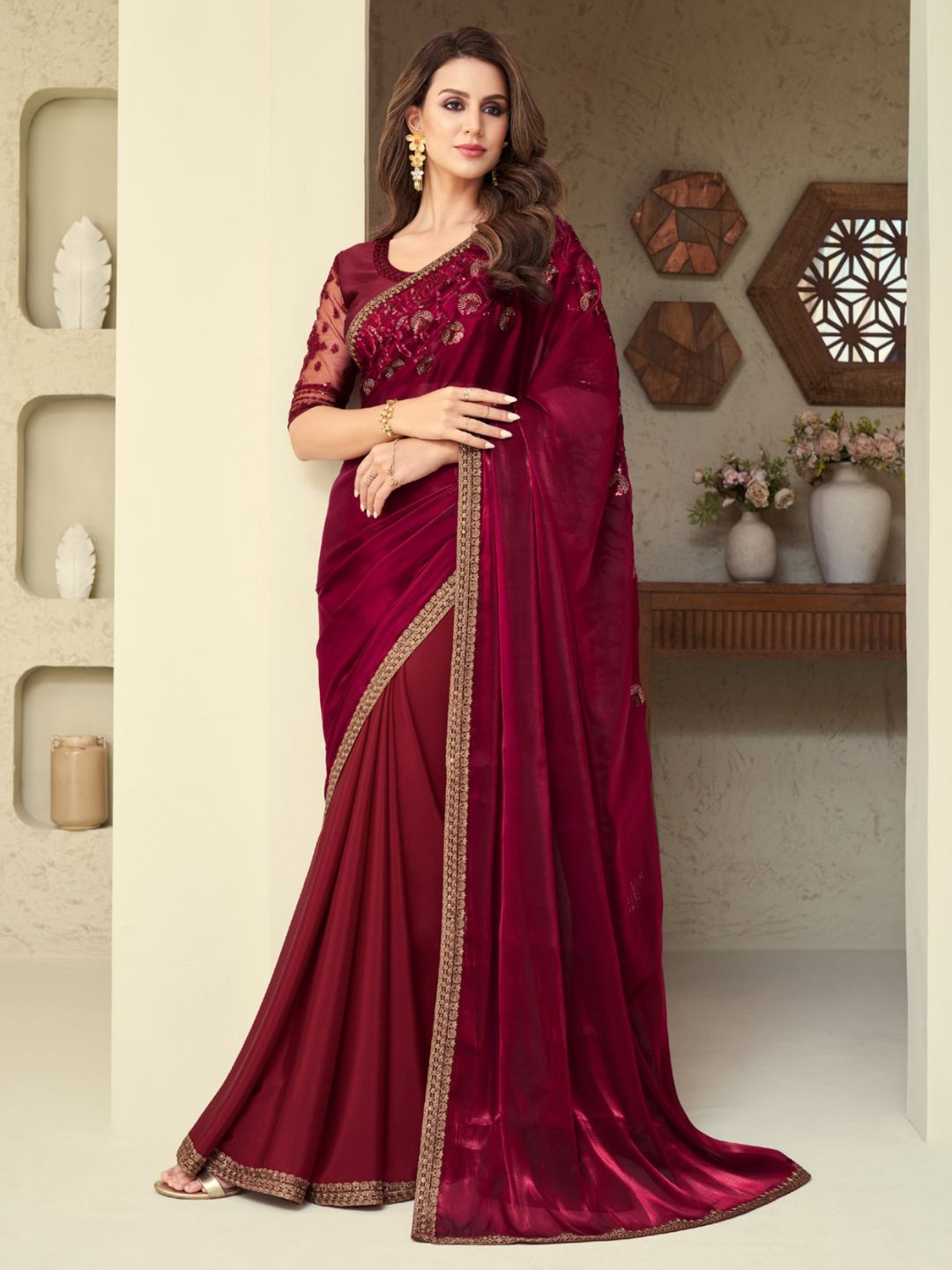 Embroidered Shimmer Silk Wedding Saree In Maroon