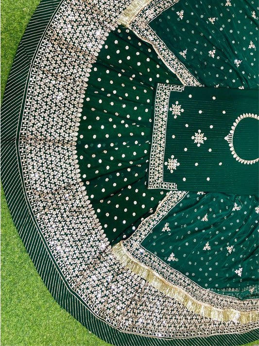 Tikki Sequence Blooming Georgette Traditional Full Gher Wedding Rajputi Poshak In Green Color-81935
