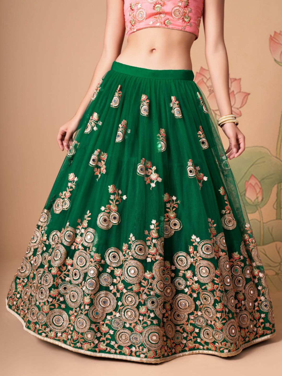 Sequence Net Bollywood A Line Lehenga in Green