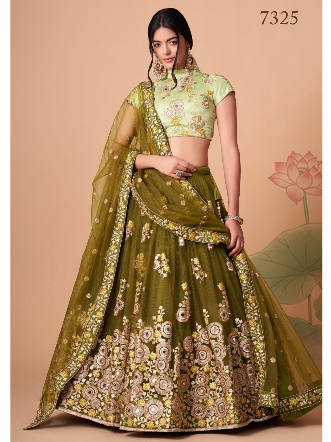 Sequence Net Bollywood A Line Lehenga in Mehndi Color