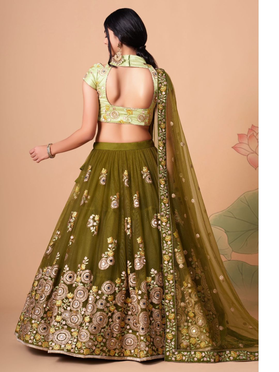 Sequence Net Bollywood A Line Lehenga in Mehndi Color