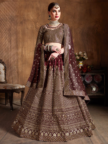 Raw Silk Engagement Sangeet Lehenga with Embroidered work in Maroon color-82105