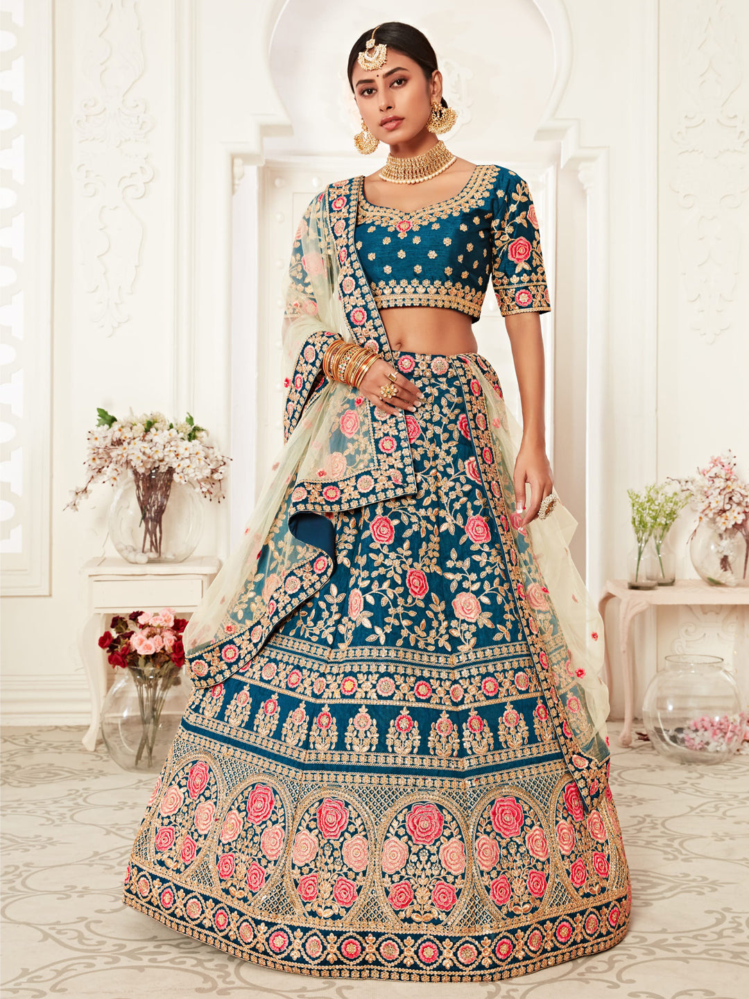 Slub Silk Bridal Lehenga with Embroidered work in Blue color-82115