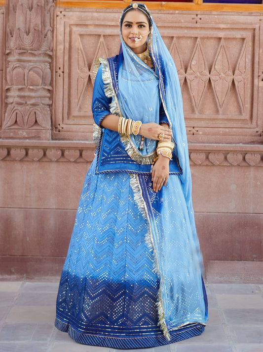 Sequence Double Shaded Organza Rajputi Poshak In Blue Color-81835