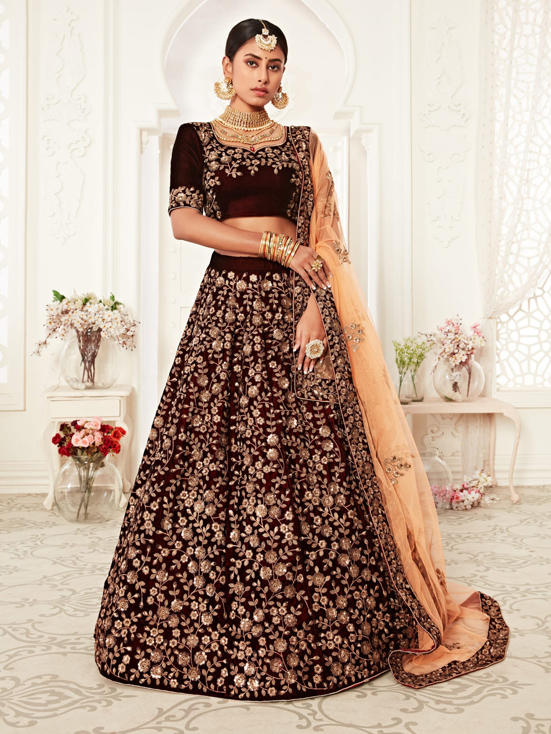 Velvet Bridal Lehenga with Embroidered work in Maroon color-82113