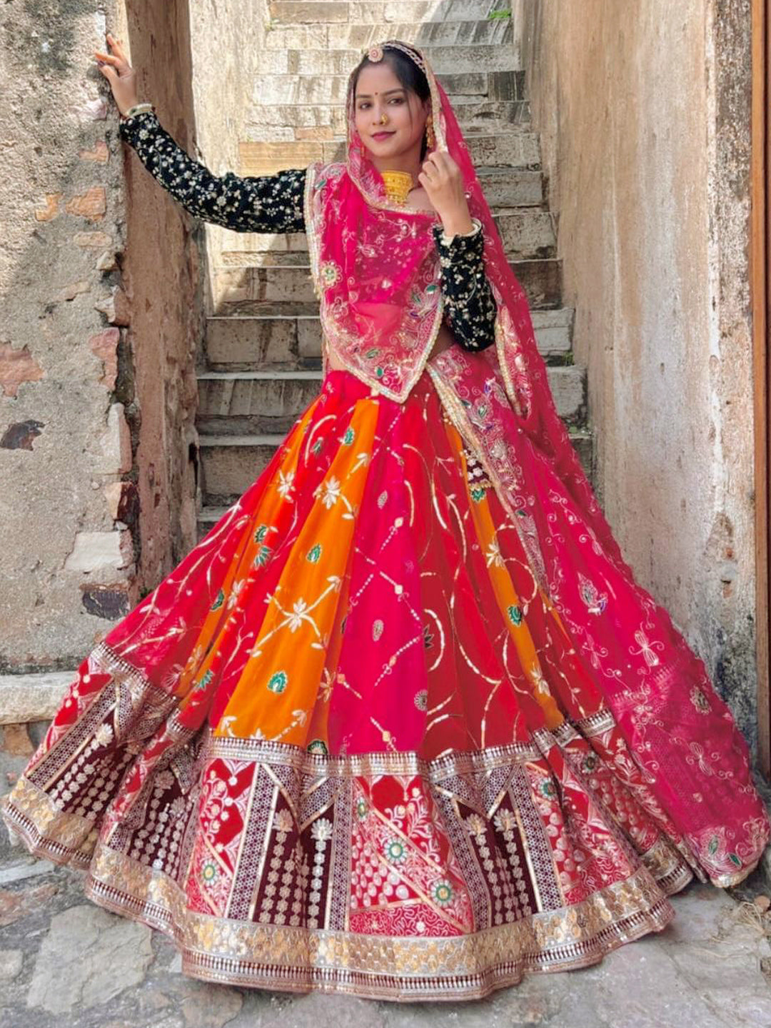 7 Meter Full Gher Gorgette Wedding Traditional Rajputi Poshak with Zari work In Pink color-61145