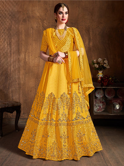 Art Silk Engagement Sangeet Lehenga with Embroidered work in Yellow color-82112