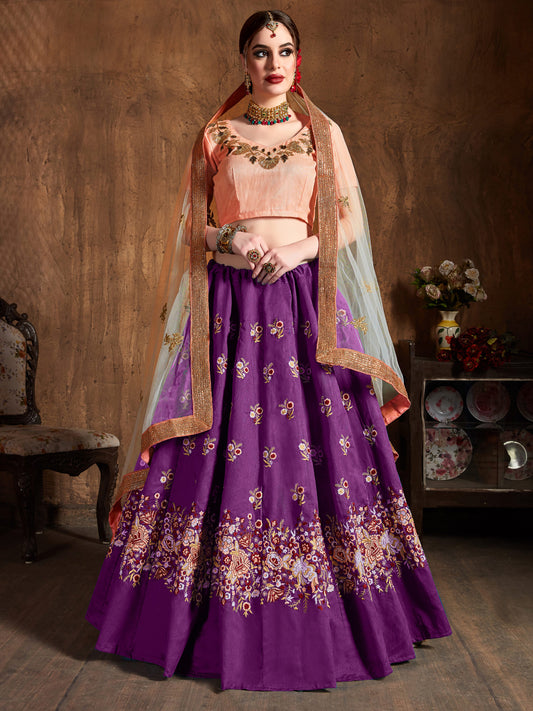 Raw Silk Engagement Sangeet Lehenga with Embroidered work in Purple color-82100