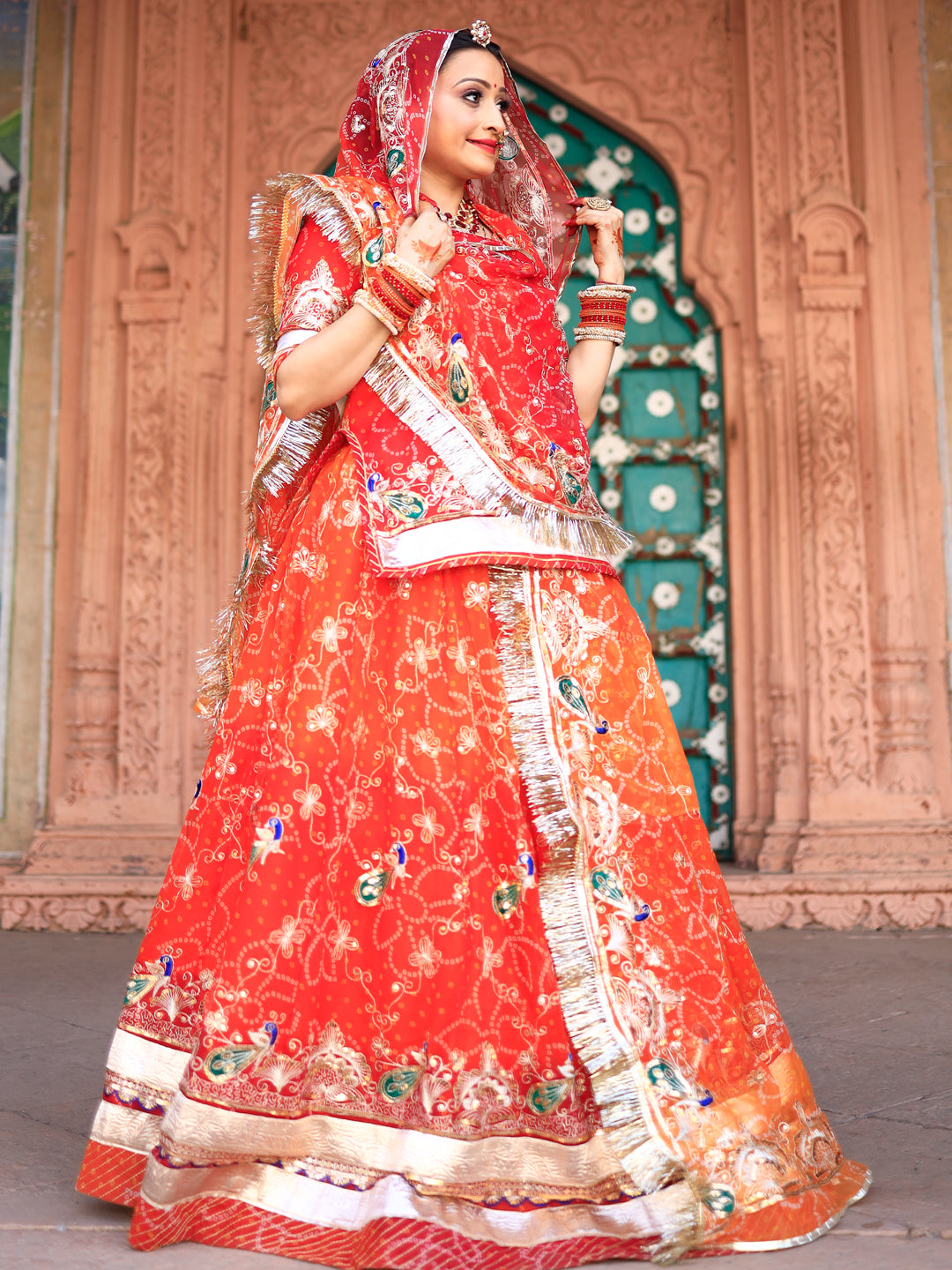 Bandhani Royal Pure 4 mtr full Gher Rajputi Poshak In Orange Color-91308