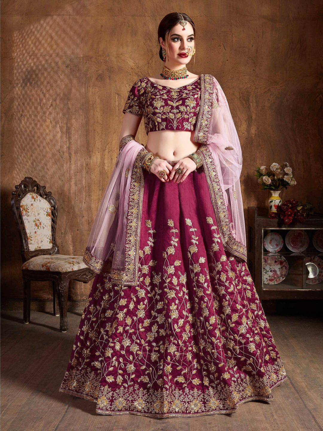 Raw Silk Engagement Sangeet Lehenga with Embroidered work in Maroon color-82098