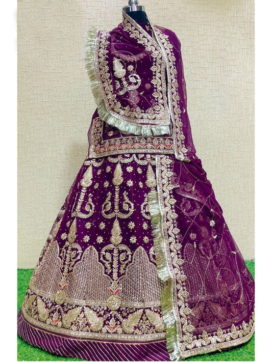 Half Pure Wedding Sangeet Kundan work Rajputi Poshak In Purple Colour-60986