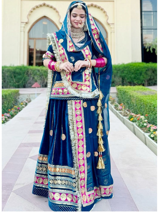 Velvet wedding Sangeet Sequence work Rajputi Poshak In Blue Color-82013