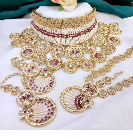 Red and White Beads Studded Handcrafted Brass Kundan Bridal Jewellery Set-81400