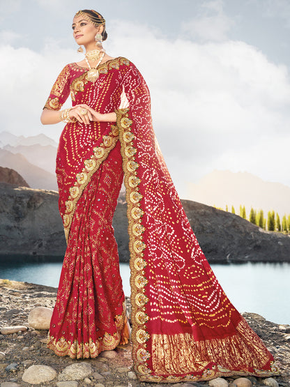 Original Mirror Pure Gjji Bandhej Printed Wedding Bridal Saree In Red Color-81661