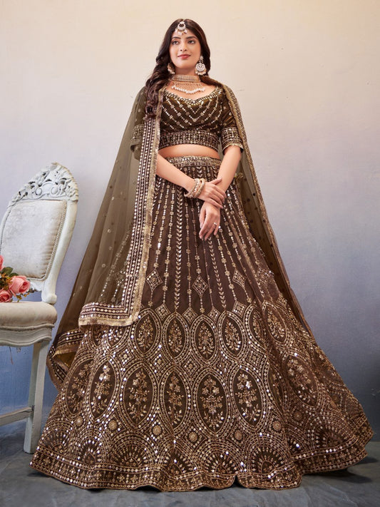 Sequance Net Bridal Lehenga in Brown