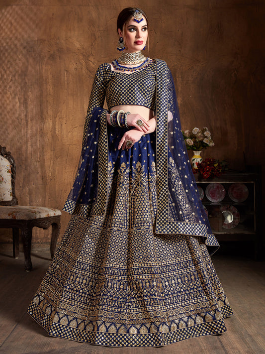 Raw Silk Engagement Sangeet Lehenga with Embroidered work in Blue color-82104