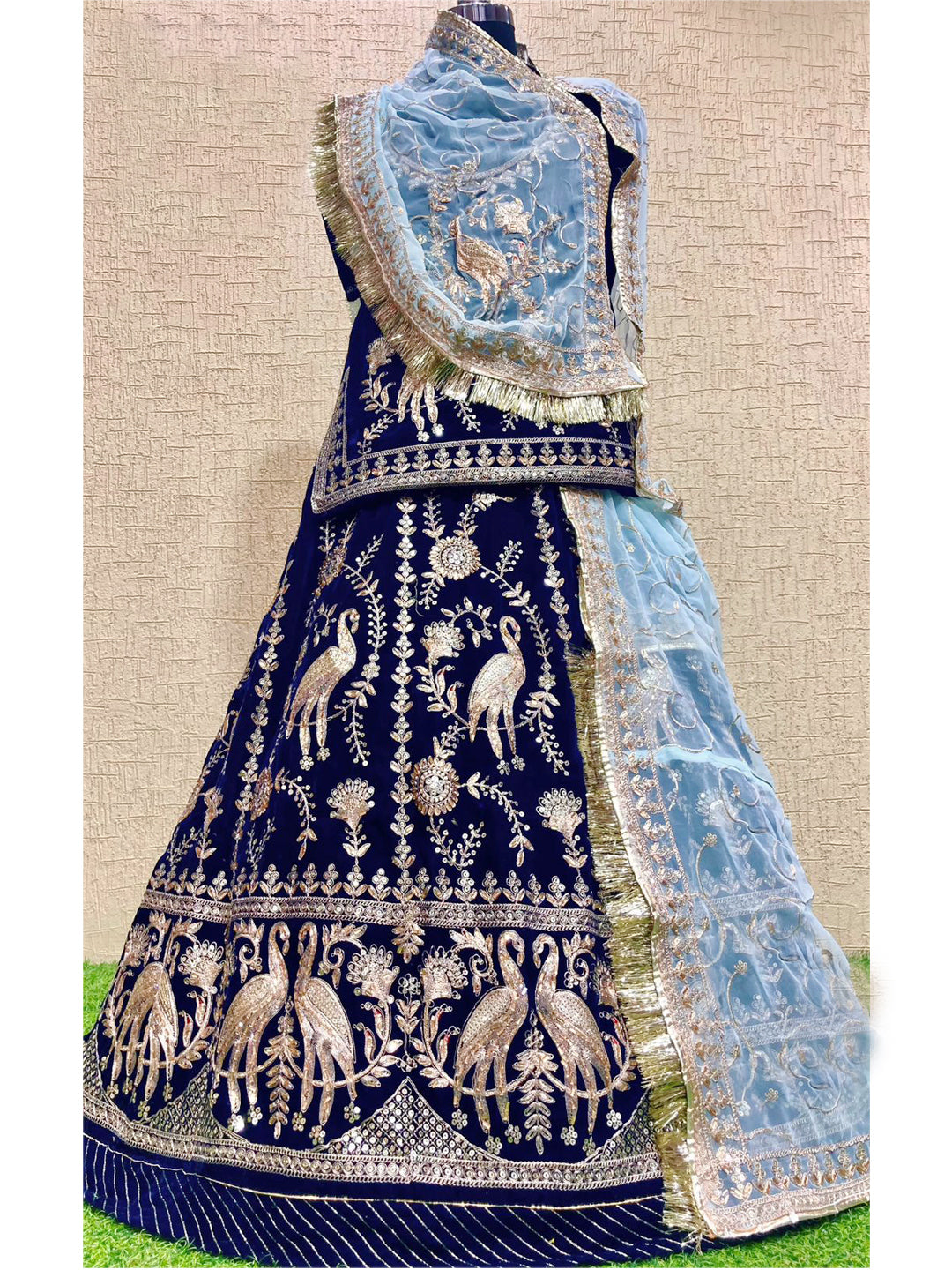 Velvet and Humarai Pure Wedding Sangeet Zari Work Rajputi Poshak In Blue Color-81837