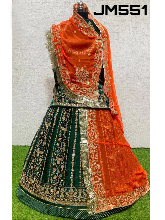 Blooming Jimichu wedding Sangeet Sequence work Rajputi Poshak In Green Color-82002