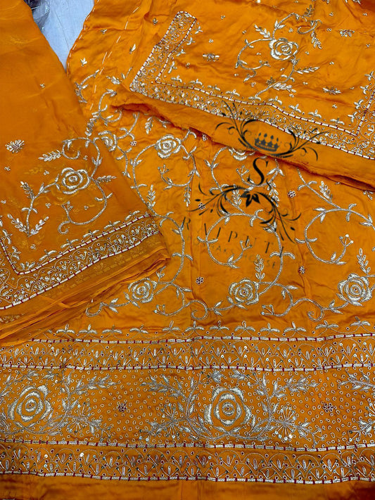 Bember Satin and Thakurgi Pure Bridal wedding Kundan dabka work Rajputi Poshak In Yellow Color-81950