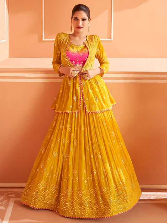 Embroidered Georgette Chinon Silk Sangeet Mehedi Lehenga in Yellow Color-81530
