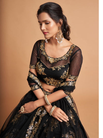 Sequence Net Fastive A Line Lehenga in Black