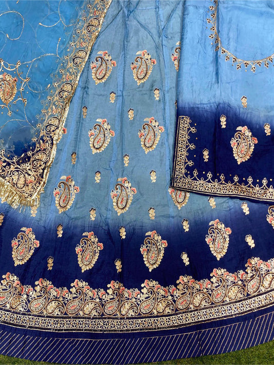 Hand Crystal Upada Silk Traditional Double Shaded Wedding Rajputi Poshak In Blue Color-8194