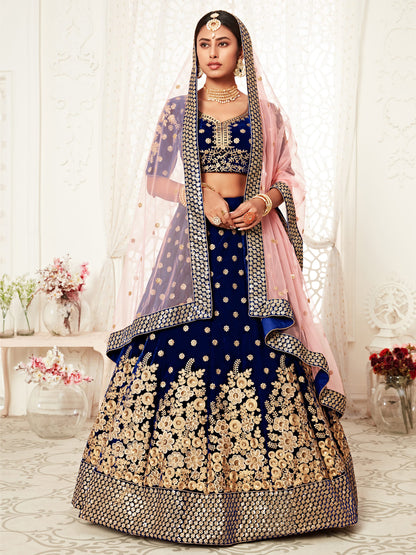 Velvet Bridal Lehenga with Embroidered work in Blue color-82116